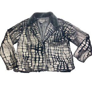 Vintage 80s Rochelle California Cropped Jacket S Faux Fur Black Silver Crocodile